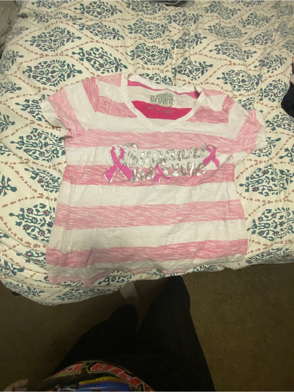 Girls' Pink & White Striped Short Sleeve Tee with Ribbon Detail